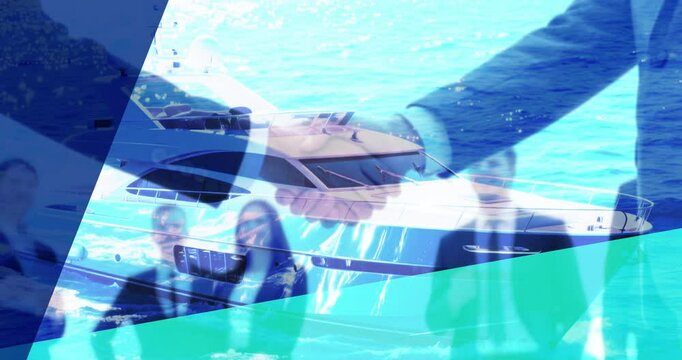 Two businessmen make a deal with a boat background, an agreement, and shake hands.