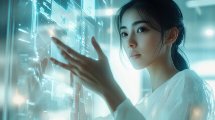 A woman interacts with a glowing holographic interface in a sleek, futuristic office, advanced technology.