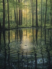 Still water of a hidden forest pond reflecting the surrounding trees, a single ripple disturbs the glassy surface 