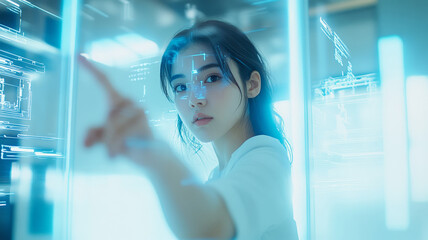 A woman interacts with a glowing holographic interface in a sleek, futuristic office, advanced technology.