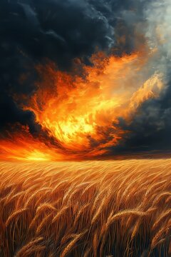 Storm rolling in over an autumn field, dramatic contrast between golden wheat and dark storm clouds, realistic wind-blown motion, high-dynamic-range lighting 