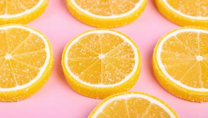 Fototapeta premium Brightly colored lemon slices, dusted with sugar, create a vibrant and refreshing composition against a pink background, evoking a cheerful summertime feel.