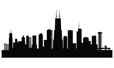 Obraz premium Chicago City Skyline Silhouette, Black Urban Skyline Vector Isolated on White