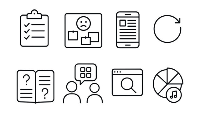 Line style icons of tech use reflection tools: “how tech helps me” list, “when I feel worse” board, screen diary page, weekly review circle, three questions journal, support talk about apps, content
