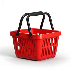 Fototapeta premium Red plastic shopping basket with black handles isolated on a white background