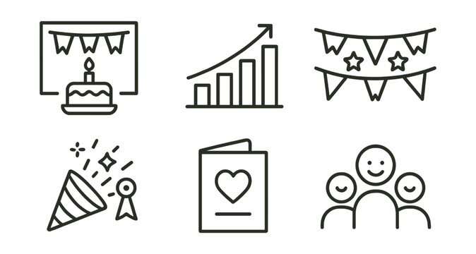 Line style icons of celebration and acknowledgement: birthday wall icon, milestone chart, shoutout post-it frame, shared celebration banner, quiet celebration symbol, private appreciation card, peer