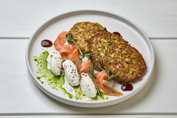 Zucchini fritters with smoked salmon and cream cheese