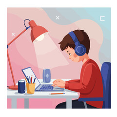 Student Focused on Studying: An illustration depicting a focused student diligently working on their laptop, immersed in their studies. Their headphones suggest concentration.