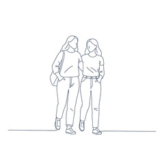 Friendly Stroll: A simple line drawing captures two figures, arm in arm, on a leisurely walk. Evoking themes of friendship, togetherness, and support, in a minimalist and timeless illustration.