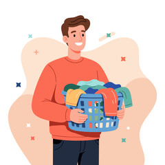 Laundry Day: A man cheerfully carries a basket of freshly washed laundry, showcasing cleanliness and domesticity.