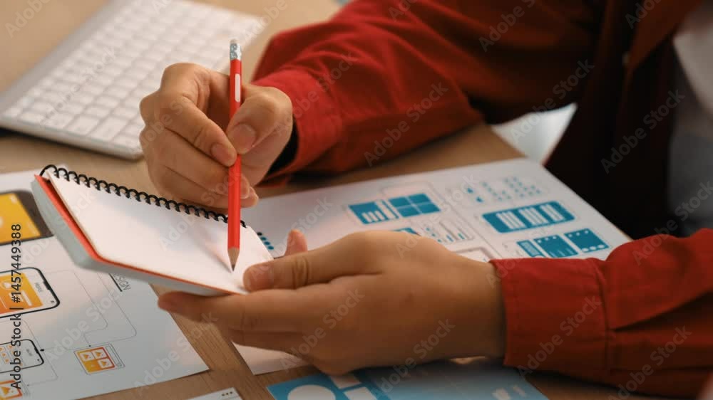 Fototapete Startup company employee planning for user interface prototype for mobile application or website in office with model of program on desk. UX UI designer consider user friendly interface plan. Synergic