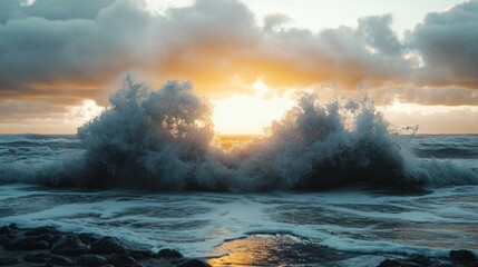 Powerful waves crashing at sunset, sun breaking through