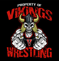 wrestling team design with muscular viking skull mascot for school, college or league sports
