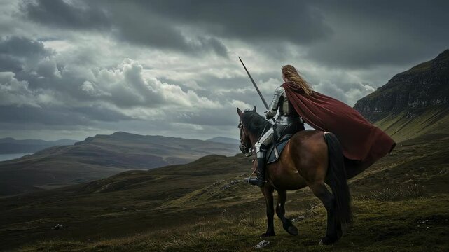 Woman on horseback with spear overlooks highland vista. Medieval knight wearing armor and cape travels through dramatic valley landscape. Adventure and fantasy concept.