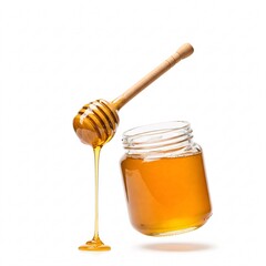 Honey dripping from a wooden dipper, a glass jar of honey stands nearby, isolated on a white background