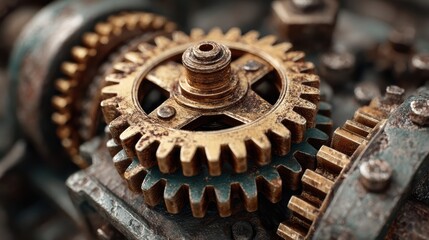 Vintage mechanical system with exposed gears and cogs working together to create motion and power, symbolizing industrial heritage