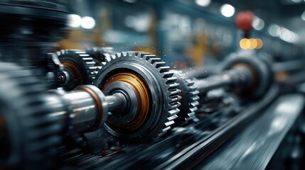 Powerful industrial engine with steel cogs, motors, and wheels in motion, showcasing the mechanical energy flowing through the system