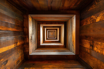 Obraz premium Wooden tunnel perspective with diminishing square frames leading to a distant light source
