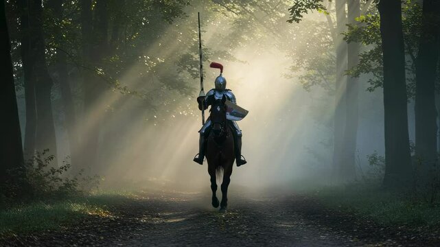 Man in full plate armor riding horse through misty forest with sun rays. Medieval knight on horseback with spear in foggy woodland, journey adventure concept.