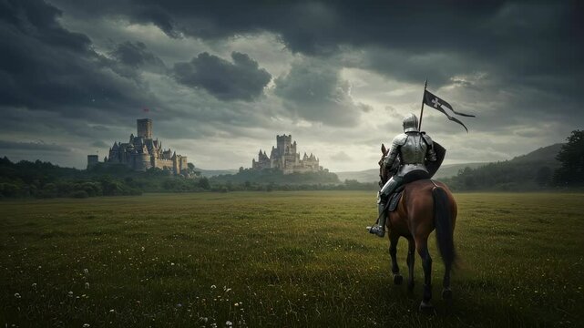 Medieval knight on horse carries flag riding through field with castle in the distance. Concept of fantasy landscape and historical illustration.