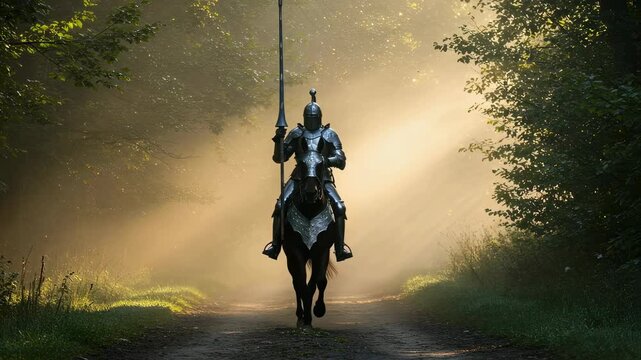 Knight in full armor rides horse on road through misty forest. Medieval warrior with lance on horseback traveling in the morning light for fantasy battle concept.