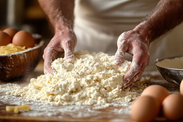 Fototapeta premium of homemade pasta-making process showcasing fresh ingredients like flour and eggs with hands kneading dough on.