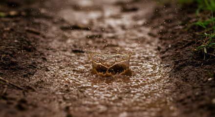 Fototapeta premium Ephemeral Crown Water Drop Splashing On The Ground Close Up View
