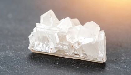 A sparkling selenite crystal displays its layered, translucent structure against a dark surface, evoking serenity and natural beauty.