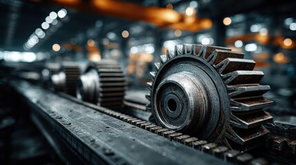 Fototapeta premium Heavy industrial machine with large steel gears and cogs in motion, driving powerful mechanical processes inside a factory