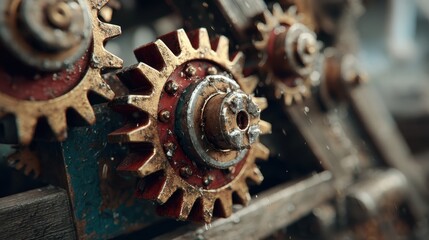 Creative industrial scene showcasing exposed gears, rotating cogs, and mechanical parts working together to create energy and motion