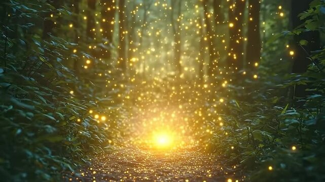 Magical forest with glowing fireflies and twinkling lights