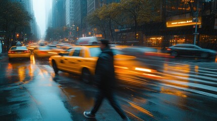 Rainy city street at night with blurred motion of pedestrians and vehicles