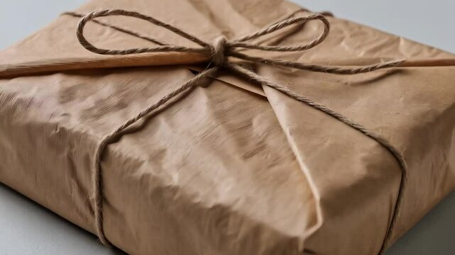 Wrapped present with brown kraft paper and string tied in bow close-up for holidays, celebration, or gift giving in sustainable packaging.
