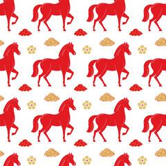 Seamless red horse pattern. Happy Chinese New Year 2026, the year of the horse, zodiac sign.