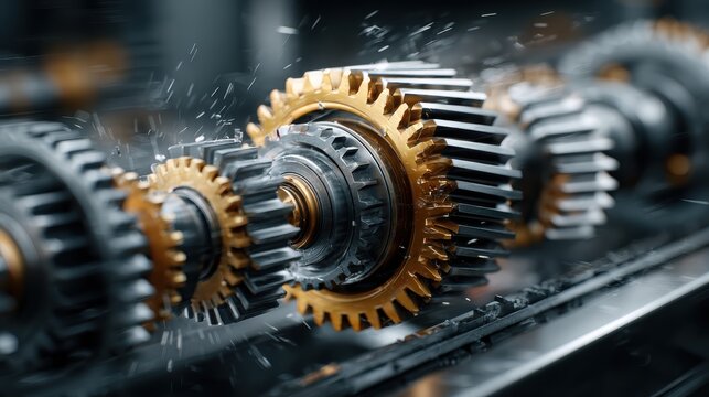 Mechanical system in motion with gears, cogs, and motors working together to transmit energy and power in an industrial setting