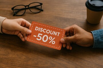 Hands exchanging discount card.