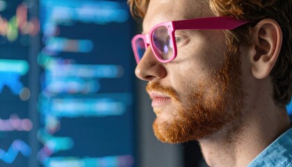 A pensive man with a red beard gazes intently at a glowing computer screen displaying complex data, wearing distinctive pink-framed glasses.