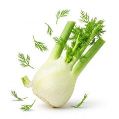 Two fennel bulbs with falling green leaves and small fennel leaves scattered around,