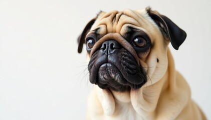 Obraz premium Solo pug against plain white backdrop Close-up of wrinkled face , charming, solo