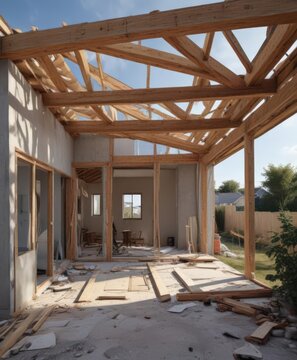 Modern home extension framing, progress visible,  renovation project,  plan