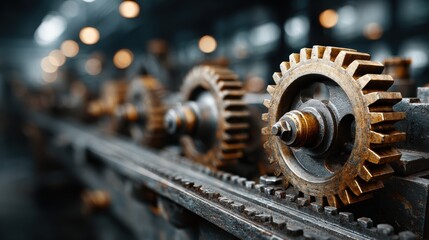 Fototapeta premium Detailed image of an old mechanical system with large rotating gears, cogs, and pistons working together in a factory setting