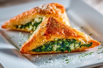 Flaky, golden-brown pastries filled with creamy spinach and cheese are served on a white plate, garnished with fresh herbs, tempting anyone nearby