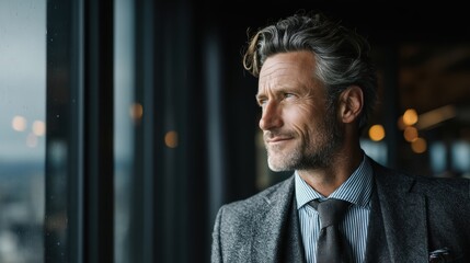 Mature business owner, dressed in a tailored suit, standing in a sleek office while looking away, visualizing future success and achievements