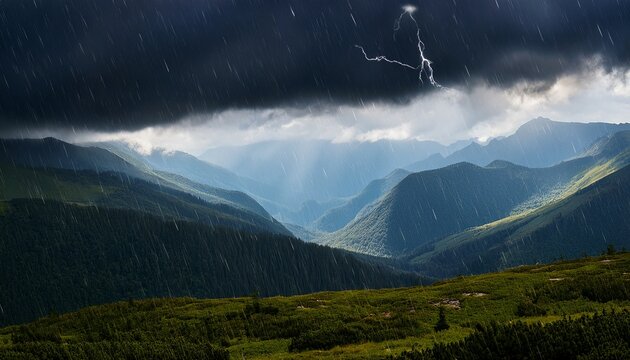 rainfall over dark mountain range under storm clouds - Powered by Adobe