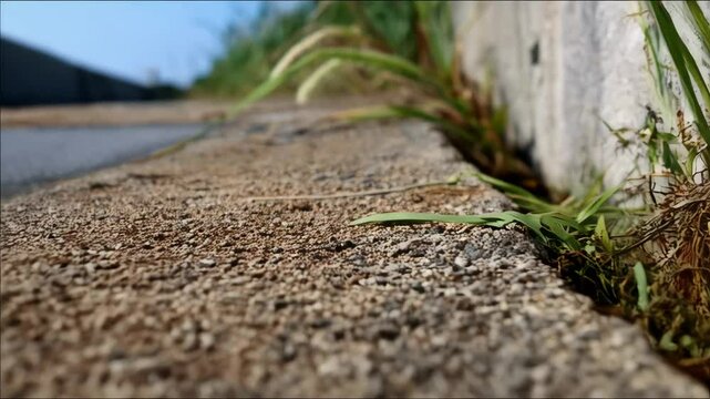 Close-up view of weeds growing in crack between concrete curb and sidewalk on sunny day showcasing textures and details.