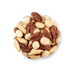 Mixed macadamia, pecan and brazil nuts isolated on white background