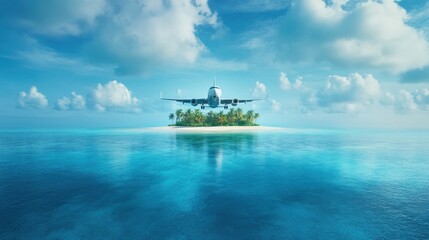 Fototapeta premium Airplane landing on tropical island paradise summer vacation travel