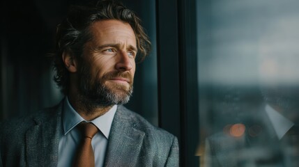 Confident investor in a professional suit, standing in a high-rise office, gazing into the future with a thoughtful and optimistic expression