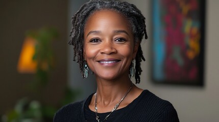cheerful African American woman smiling in office portrait
