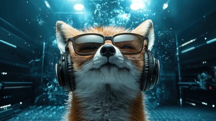 Fototapeta premium Fox with sunglasses and headphones enjoys music